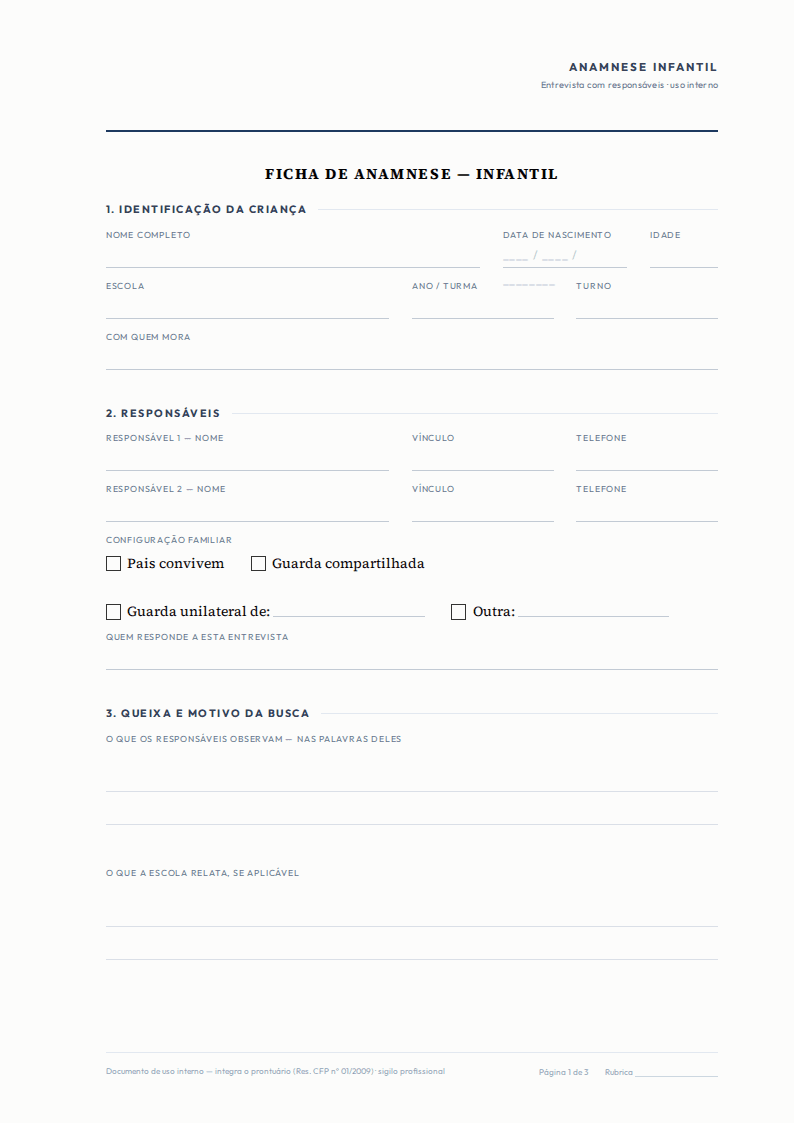 Primeira página do PDF: Modelo de anamnese infantil para psicólogo