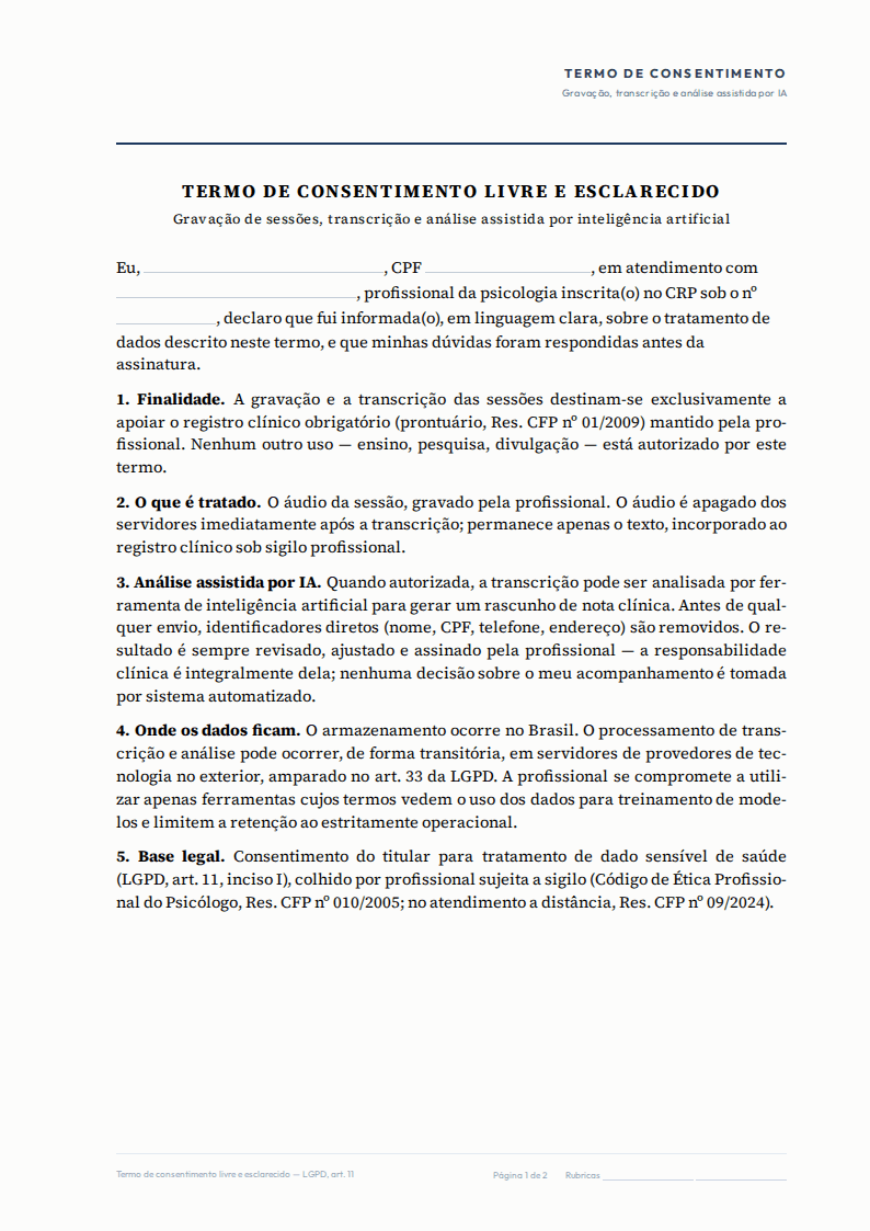 Primeira página do PDF: Modelo de TCLE para gravação, transcrição e IA