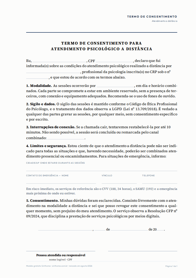 Primeira página do PDF: Modelo de termo para atendimento psicológico online