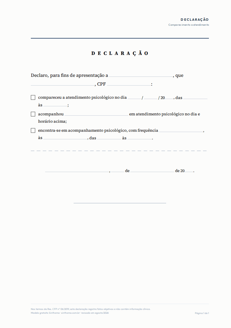 Primeira página do PDF: Modelo de declaração de comparecimento psicológico
