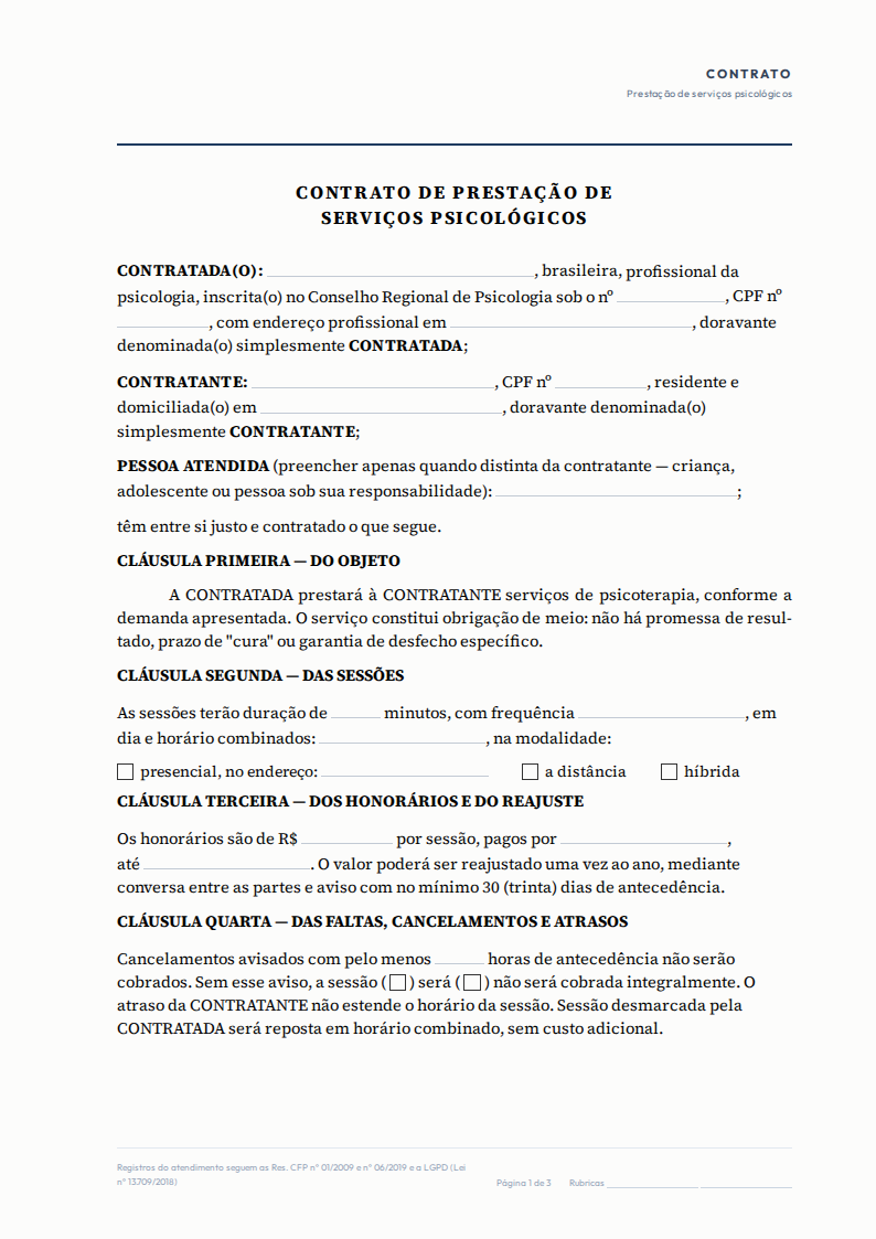 Primeira página do modelo Contrato de prestação de serviços