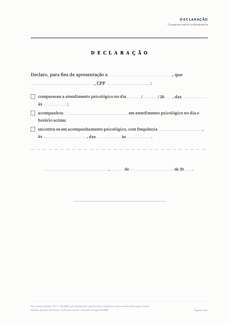 Primeira página do modelo Declaração de comparecimento