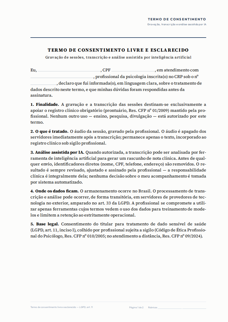 Primeira página do modelo TCLE — gravação, transcrição e análise assistida por IA