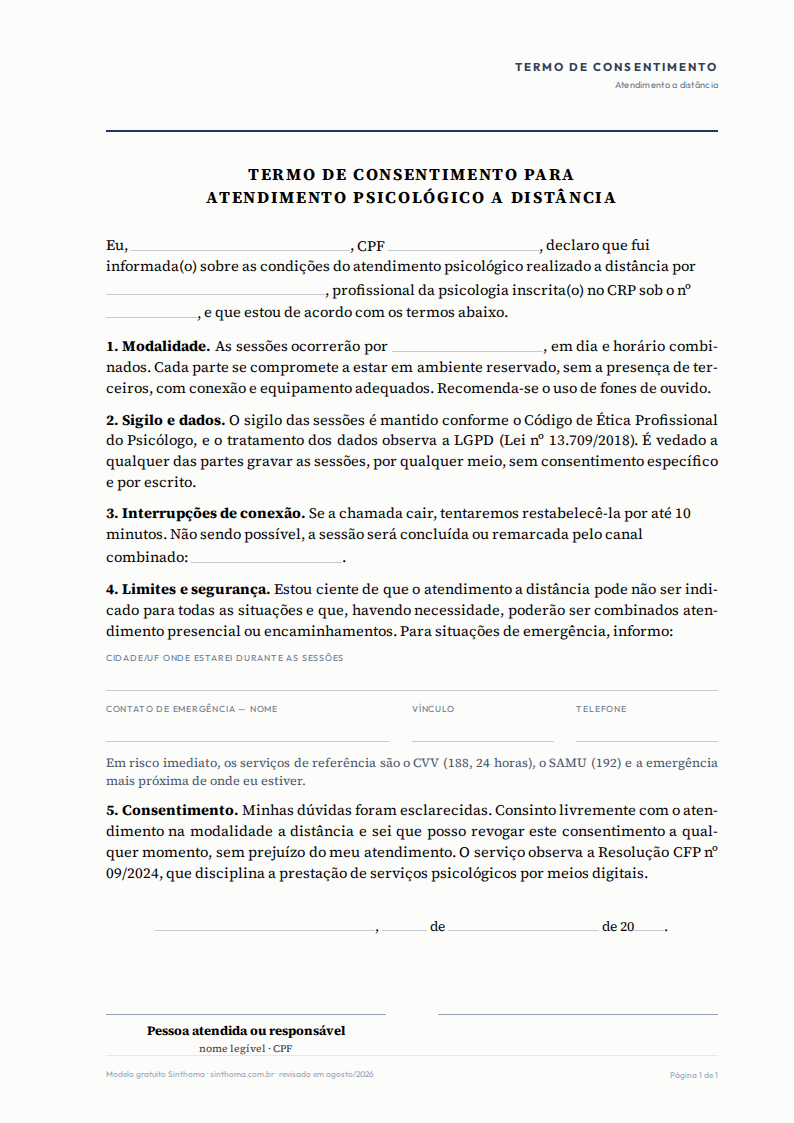 Primeira página do modelo Termo de consentimento — atendimento a distância